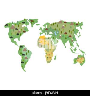 Mappa di terra animali isolati. Continenti e la bestia. geografia Flora e fauna del mondo Illustrazione Vettoriale