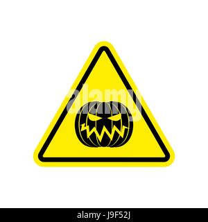 Halloween segno di avvertimento GIALLO. Masquerade Pericolo simbolo di attenzione. Pericolo cartello stradale triangolo zucca Illustrazione Vettoriale
