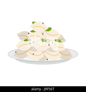 Gnocchi di patate nella piastra isolata. pelmeni nel piatto. Federazione nazionale alimentare. cucina popolare in Russia. Illustrazione Vettoriale