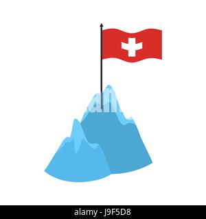 Alpi svizzere montagne icona. Alte scogliere e neve bandiera svizzera Illustrazione Vettoriale