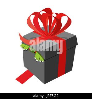Confezione regalo nera. Monster peeking. Nastri e fiocchi. terribile presente confezione per Halloween. Illustrazione Vettoriale