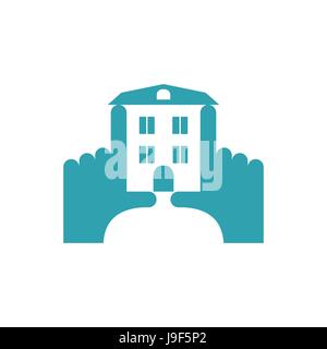 Mani e costruzione edilizia logo. Dita di puntamento telaio. Visualizza Successivo house. Emblema per una società immobiliare Illustrazione Vettoriale
