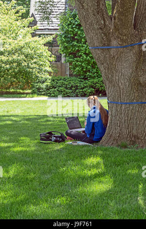 Uno studente prepara per le classi con un laptop nel cortile del campus, famosa in tutto il mondo l'Università di Princeton, New Jersey, STATI UNITI D'AMERICA Foto Stock