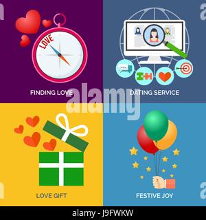 Set di design piatto concetto icone. Trovare l'amore, servizio dating, dono di amore e di gioia festosa. Illustrazione Vettoriale. Illustrazione Vettoriale