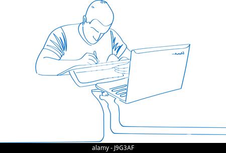 Giovani disegnati a mano uomo disegnare sul laptop. Il lavoro di ufficio. Illustrazione Vettoriale. Utilizzo di un sito Web, report aziendali, presentazione, pubblicità, promozione, busin Illustrazione Vettoriale