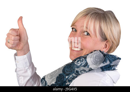 Ottimista bionda donna europea dà Thumbs up e sorrisi Foto Stock