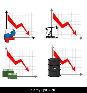 I tassi di caduta del rublo e olio. Freccia rossa rivolta verso il basso. Riduzione dei costi di barili di petrolio. Citazioni di riduzione in moneta russa, denaro. Calo nel mercato per contanti. Illustrazione Vettoriale