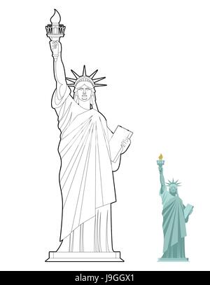 Statua della Libertà libro da colorare. Il simbolo di libertà e di democrazia in Stati Uniti d'America. Un monumento di architettura in stile lineare. Scultura in New York, America Illustrazione Vettoriale