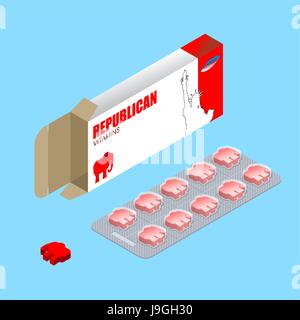 Il repubblicano pillole nel pack. Le compresse di politici. vitamine nella casella n. Prodotti naturali per la salute sotto forma di elefante rosso. Stati Uniti d'America elezione. Medicinali per Rep Illustrazione Vettoriale