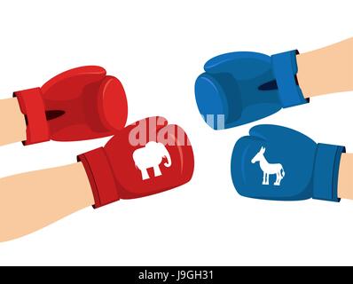 Elefante e asino guantoni da pugilato. Simboli degli STATI UNITI D'AMERICA partito politico. American Democrat contro il repubblicano. Le elezioni negli Stati Uniti. Battaglia di voti Illustrazione Vettoriale