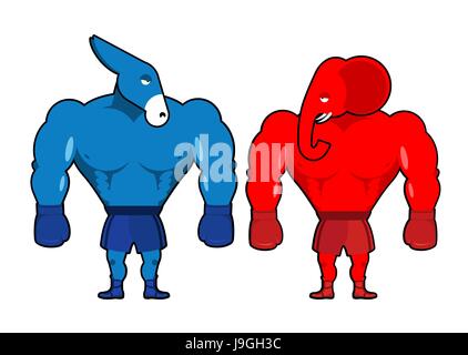 Elefante e asino boxer. I democratici contro i repubblicani. Red animale forte con i guantoni. Simbolo del partito politico degli Stati Uniti d'America. Illustrazione America Illustrazione Vettoriale