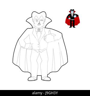 Dracula libro da colorare. Conteggio dei vampiri in stile lineare. Funny ghoul mantello Illustrazione Vettoriale