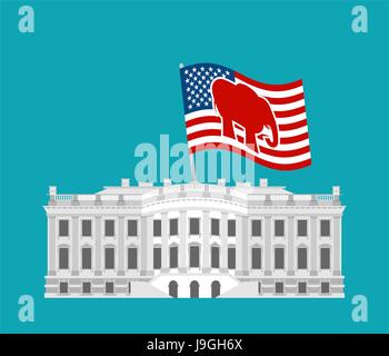 I repubblicani win Casa Bianca. Bandiera rossa elefante. Politica elezioni presidenziali negli Stati Uniti. Palazzo del Governo America. mansion patriottica USA Illustrazione Vettoriale