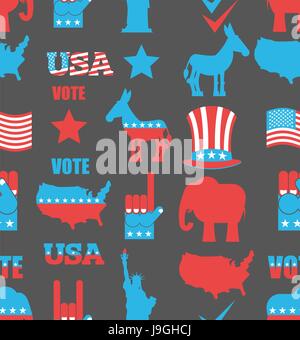 Elezioni americane seamless pattern. Elefante repubblicano e democratico ornamento di asino. Simboli di partiti politici in America bacground. Statua di Illustrazione Vettoriale