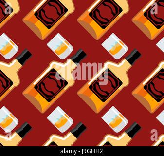 Bottiglia di Scotch seamless pattern. Bicchiere di whiskey e ghiaccio ornamento. bourbon sfondo. Bere sullo sfondo. Texture di alcool Illustrazione Vettoriale