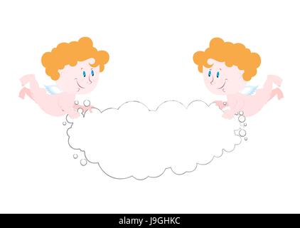 Angelo detiene il cloud. Spazio per il testo. Due graziosi angeli tenere nuvola bianca. Little chubby angeli. Illustrazione Vettoriale