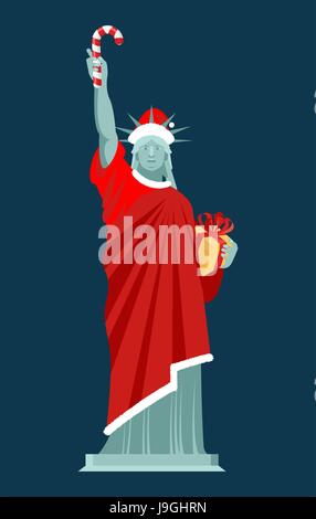 Santa Statua della Libertà. Candy Cane e confezione regalo. Monumento in tuta di Claus. Cappello di Natale rossi e vestiti. USA Patriot pietra miliare nazionale Illustrazione Vettoriale