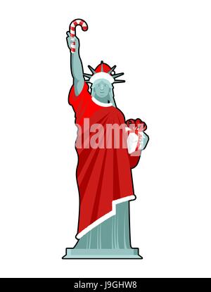 Santa Statua della Libertà. Candy Cane e confezione regalo. Monumento in tuta di Claus. Cappello di Natale rossi e vestiti. USA Patriot pietra miliare nazionale Illustrazione Vettoriale