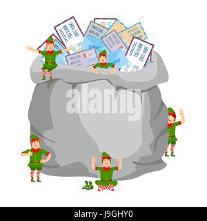 Sacco con mail post di Babbo Natale e gli elfi. Big bag con lettere buste da bambini. Postal da bambini in vacanza. Natale poca gente di leggere Illustrazione Vettoriale