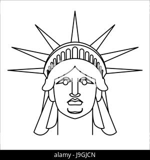 Testa della statua della libertà di stile lineare. Faccia la scultura in America. Monumento di architettura di noi. Pietra miliare storica nazionale negli Stati Uniti. Illustrazione Vettoriale