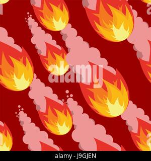 Meteor doccia seamless pattern. Distruzione di ornamento. La palla di fuoco su sfondo rosso texture. Fiery Comet infinite ornamento. Illustrazione Vettoriale