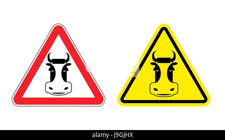 Segnale di avvertimento attenzione delle carni bovine. Pericoli cartello giallo vacca. Animale da azienda sul triangolo rosso. Serie di cartelli stradali contro la carne bovina. Attenzione potenzia Illustrazione Vettoriale