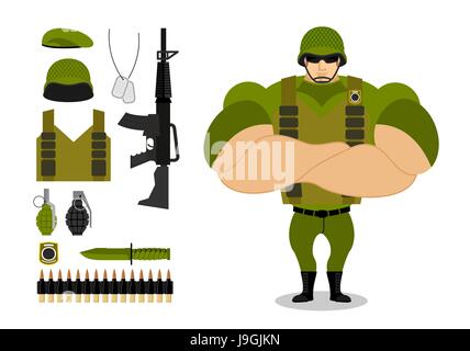 Soldati e armi. Set di munizioni militari per la guerra. Raccolta dell'esercito. Forze armate. Grande e forte per le truppe. Giubbotto di fucile e. Granata e machine-gun essere Illustrazione Vettoriale