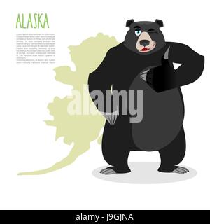 American black bear baribal e Alaska. Grizzlies mostra Thumbs up e winks. Buon segno animale in buone condizioni. Animale selvaggio e della mappa di stato degli Stati Uniti Illustrazione Vettoriale