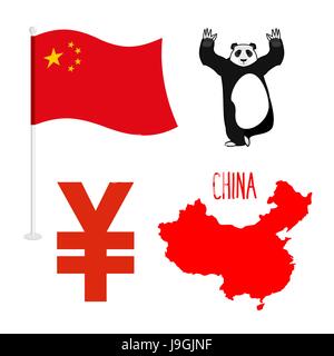 Cina symbol set di icone. Mappa e bandiera del paese. Segno della moneta nazionale di yen. Orso Panda cinese animale nazionale Illustrazione Vettoriale