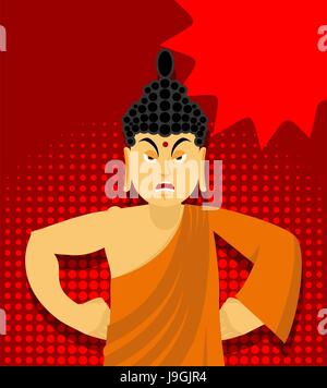 Arrabbiato Buddha in pop art style. Indian Dio adirato. Sommo Maestro per i Buddisti. Uomo Santo in arancione vesti Illustrazione Vettoriale