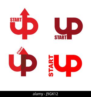 Start up logo set. Emblema per avviare progetti di business. Freccia verso l'alto. inizio del processo di business. Segno per l'esecuzione di progetti di business. L'avvio nuovo bus Illustrazione Vettoriale