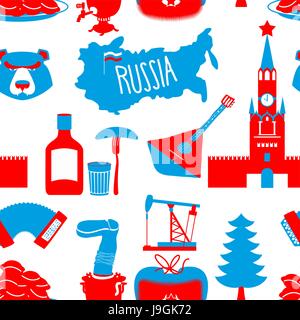 Simboli russo seamless pattern. Russia ornamento nazionale. Stato sfondo tradizionali. Cremlino di Mosca e orso. Mappa di Russia e samovar. Earflaps Illustrazione Vettoriale
