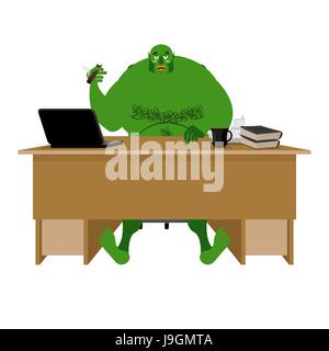 Internet troll. Big green goblin si siede al computer portatile. Org e computer. Green Monster scrive commenti Illustrazione Vettoriale