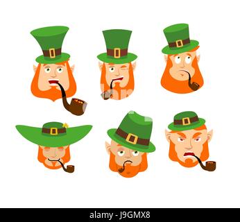 Leprechaun gli Emoji set. Felici e tristi. Arrabbiato e dormire. sorpreso e winks. La nana con barba rossa. Irish elf emozioni. St.Patrick 's Day. Vacanze in Illustrazione Vettoriale