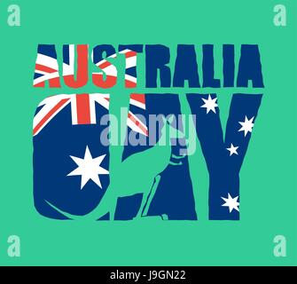 Australia giorno Emblema vacanza. Canguri e bandiera australiana. Logo per la tradizionale festa Illustrazione Vettoriale