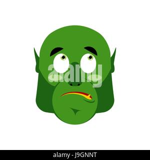 Orco sorpreso gli Emoji. Goblin stupito emozione isolato. Green monster face Illustrazione Vettoriale