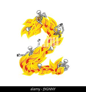 Numero 2 Fiamme infernali e peccatori font. Fiery scritte due. Fuoco infernale alfabeto. ABC diabolica fiamma di morte satanico e lo scheletro Illustrazione Vettoriale