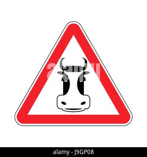 Attenzione vacca. Carni bovine sul triangolo rosso. Cartello stradale l'attenzione degli animali da allevamento Illustrazione Vettoriale