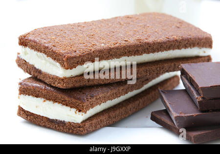 Cioccolato artigianale spugna con il riempimento di latte su una piastra bianca. Primo piano Foto Stock