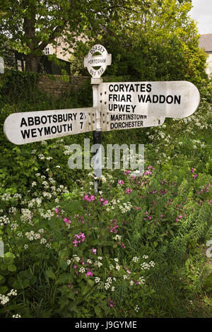 Regno Unito Inghilterra, Dorset, Portesham, Front Street, vecchio consiglio di contea cartello stradale tra fiori Foto Stock