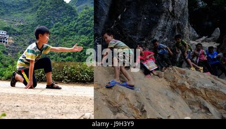 (170602) -- NANNING, Giugno 2, 2017 (Xinhua) -- combinati foto Wenchao Meng, 12, gesti su una strada il 5 maggio 2017 (L) e Meng e altri bambini salendo sulla montagna dopo la scuola il 7 settembre 5, 2012 in Nonglei villaggio di Dahua County, a sud della Cina di Guangxi Zhuang Regione autonoma. Meng la famiglia hanno spostato in una tre-story house. I bambini che vivono in miseria, regione montuosa nel Guangxi hanno testimoniato la loro vita girare nuovo di zecca negli ultimi sette anni, con i loro bisogni fondamentali per la vita e la scuola soddisfatto grazie alla riduzione della povertà gli sforzi del governo locale. Liscia strade rurali un Foto Stock