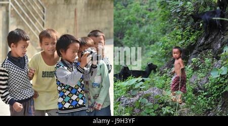(170602) -- NANNING, Giugno 2, 2017 (Xinhua) -- combinati mostra fotografica Weiyi Meng, 10, cercando una telecamera in maggio 17, 2017 (L) e se stesso imbrancandosi pecora su luglio 16, 2012 Nongyong nel villaggio di Dahua County, a sud della Cina di Guangxi Zhuang Regione autonoma. I bambini che vivono in miseria, regione montuosa nel Guangxi hanno testimoniato la loro vita girare nuovo di zecca negli ultimi sette anni, con i loro bisogni fondamentali per la vita e la scuola soddisfatto grazie alla riduzione della povertà gli sforzi del governo locale. Liscia strade rurali e nutriente e pranzo a scuola sono diventati nuovi ricordi di infanzia. Il totale popu scadente Foto Stock