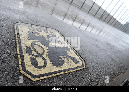 Monaco di Baviera, Germania. 02Giugno, 2017. La pioggia cade su un logo lion all'entrata del negozio della ventola sulla basi di formazione della Germania club di calcio TSV 1860 Monaco di Baviera a Gruenewalder Straße a Monaco di Baviera, Germania, 02 giugno 2017. Dopo le attività sportive knock out durante la lotta per la seconda Bundesliga TSV 1860 di Monaco di Baviera ha a faccia la fine del calcio professionale al Gruenwalder Straße. Foto: Andreas Gebert/dpa/Alamy Live News Foto Stock