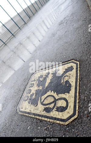 Monaco di Baviera, Germania. 02Giugno, 2017. La pioggia cade su un logo lion all'entrata del negozio della ventola sulla basi di formazione della Germania club di calcio TSV 1860 Monaco di Baviera a Gruenewalder Straße a Monaco di Baviera, Germania, 02 giugno 2017. Dopo le attività sportive knock out durante la lotta per la seconda Bundesliga TSV 1860 di Monaco di Baviera ha a faccia la fine del calcio professionale al Gruenwalder Straße. Foto: Andreas Gebert/dpa/Alamy Live News Foto Stock