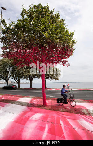 Aarhus, Danimarca. 02Giugno, 2017. Katharina Grosse di arte di installazione ha creato enormi reazioni dopo l'artista tedesco ha dipinto una sezione del paesaggio urbano Mindeparken con il bianco e il rosso lacca acrilica come parte del museo di arte ARoS Kunstmuseum su andando mostra "Il Giardino" di Aarhus. Credito: Gonzales foto/Alamy Live News Foto Stock