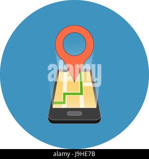 GPS mobile il concetto di navigazione. Disegno isometrico. Icona nel cerchio blu su sfondo bianco. Illustrazione Vettoriale