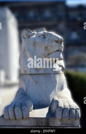 Uno dei due leoni couchant su il cenotafio di fronte al City Chambers e George Square, Glasgow, Scozia. Foto Stock