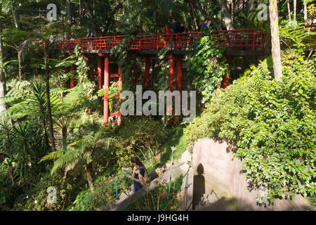 Turisti che si godono il Monte Palace giardino tropicale. La lussureggiante vegetazione verde contrasta con il colore rosso brillante dei ponti nel giardino giapponese. Foto Stock