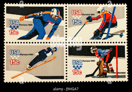 Foglio di quattro American 15 cent francobolli per commemorare il 1980 Olimpiadi Invernali. Foto Stock