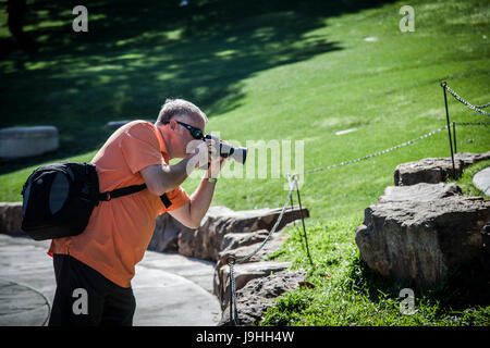 Fotografo a fotografare un stagno in Dallas Arboretum, Texas, Stati Uniti d'America Foto Stock